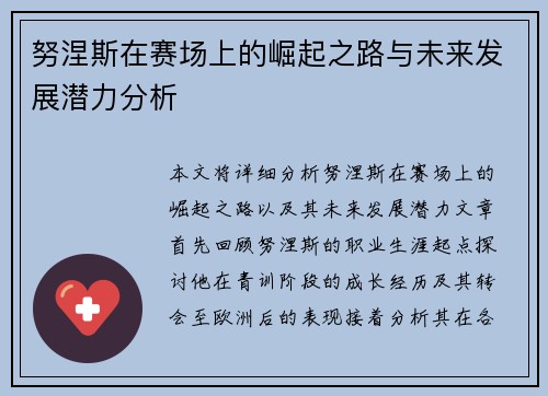 努涅斯在赛场上的崛起之路与未来发展潜力分析