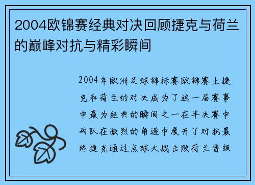 2004欧锦赛经典对决回顾捷克与荷兰的巅峰对抗与精彩瞬间