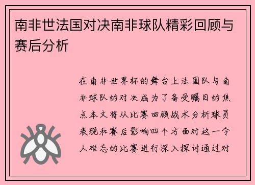 南非世法国对决南非球队精彩回顾与赛后分析