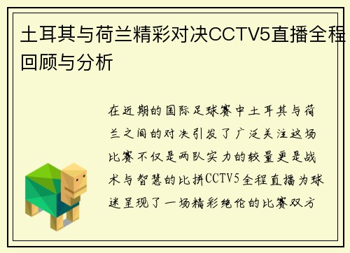 土耳其与荷兰精彩对决CCTV5直播全程回顾与分析