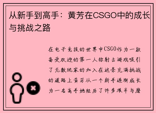 从新手到高手：黄芳在CSGO中的成长与挑战之路