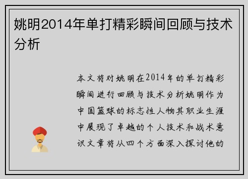 姚明2014年单打精彩瞬间回顾与技术分析