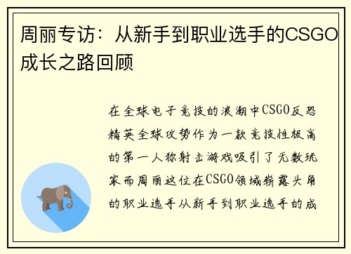 周丽专访：从新手到职业选手的CSGO成长之路回顾